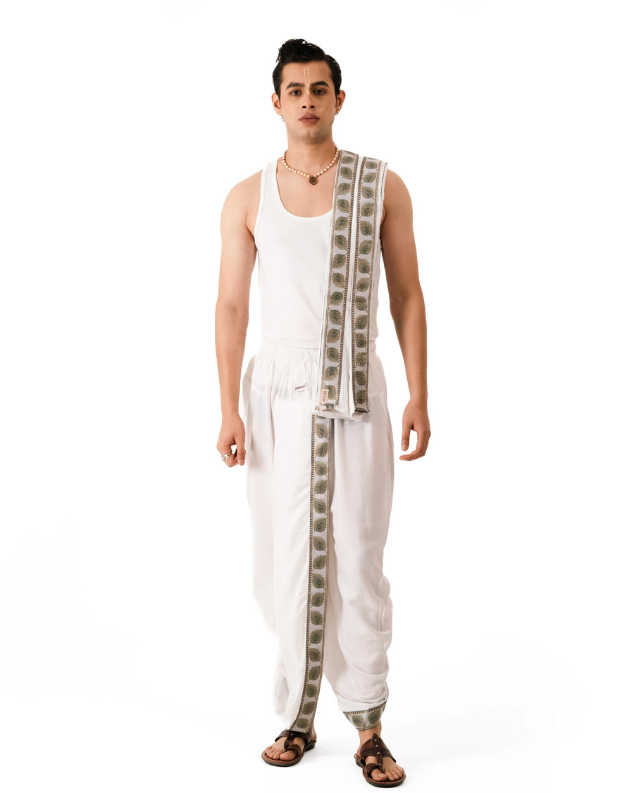 Traditional White Pant style Dhoti Set With Mor Pankh Pattern